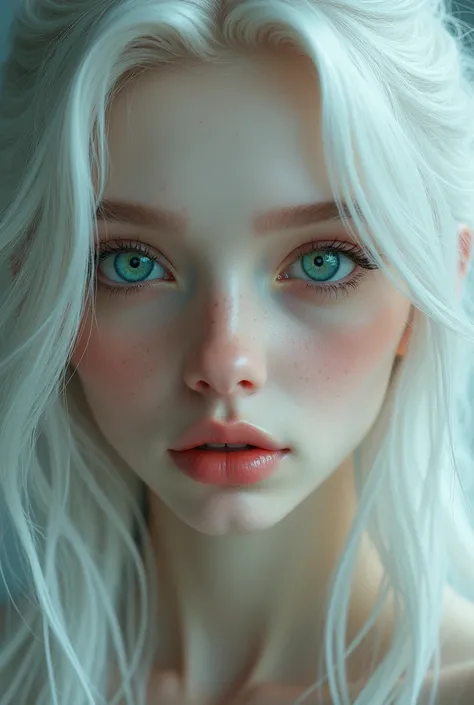 fair skinned girl with long messy white hair, turquoise eyes with amber center