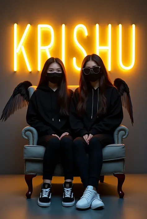 Create a 3D illusion for a profile picture where a 2 cute girl in a black hoodie Sitting casually on a Wingback chair. Wearing sneakers, with black mask, and sunglasses, he looks ahead. The background features "KRISHU" in big and capital Yellow neon light ...