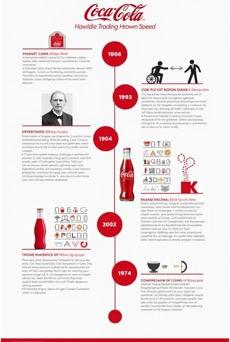 Create a timeline that shows the major milestones in the development of Coca-Cola, from its foundation to the present day. For each frame, add icons or small graphics representing the applied trading techniques: