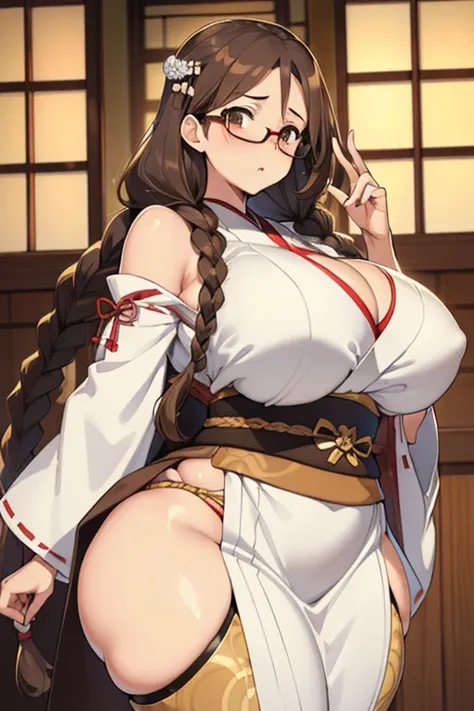 ((gigant saggy tits)),((wide hips)),((white girl)),((brown long hair with braids)),((brown eyes)),((thicc thights)),((glasses)),thicc milf,((japanese goddess clothes))