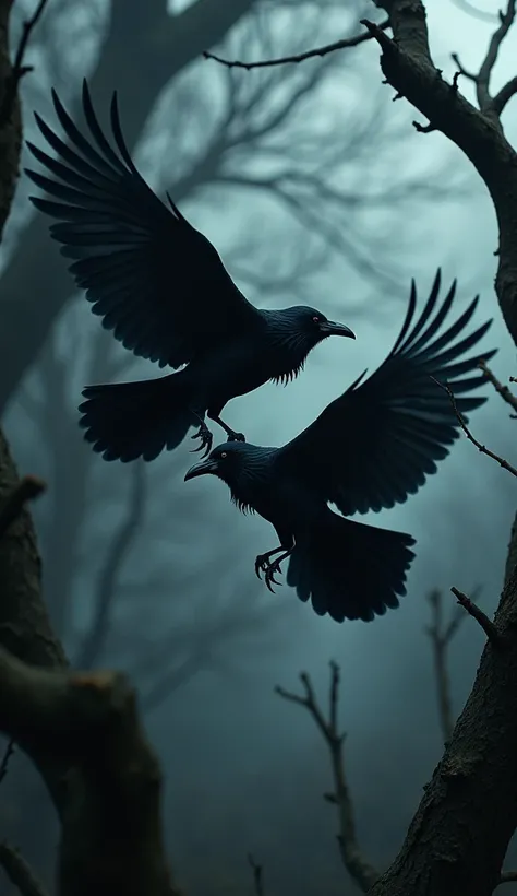 scene with two black crows flying in the middle of a tree perched in a dark forest. they must be very close to the camera.