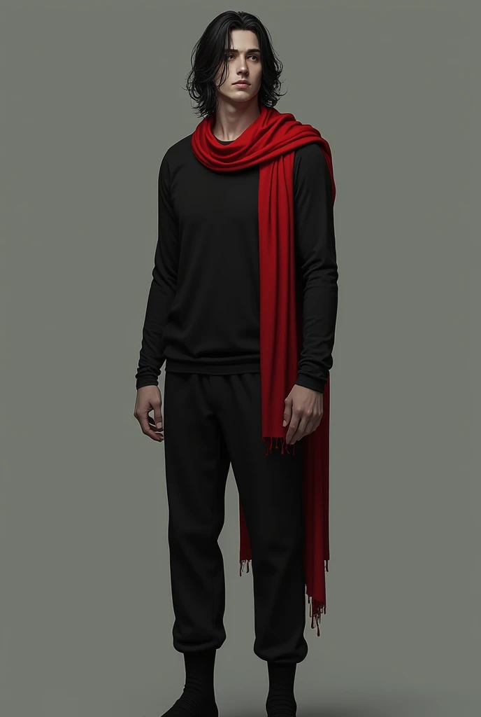 Generate image of man with black long sleeve t-shirt, pants negto, black socks, red scarf around the neck