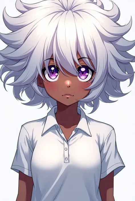 Generate a teenage girl with big white hair , purple eyes and dark skin and white polo shirt in the style of Boku no Hero Academia