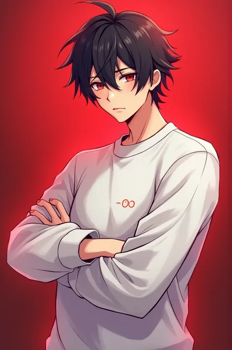 Male anime style character standing sideways with arms crossed wearing white sweatshirt with red aura 