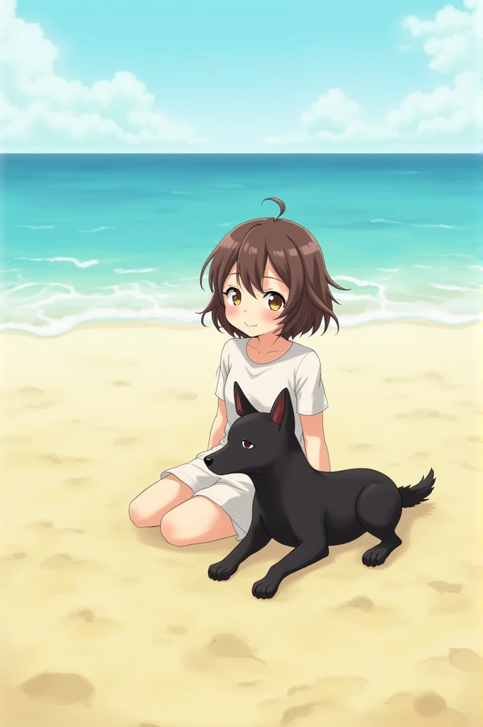  short haired brown girl sitting on the beach with a black dog 