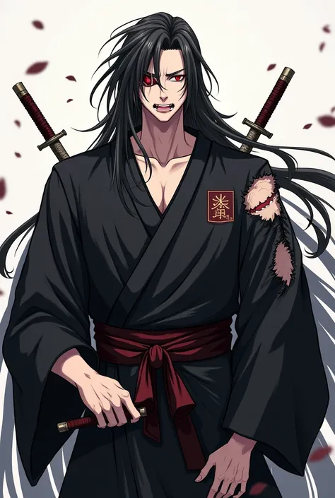 his right eye is slit and his left eye is completely red. He is looking at you with his tongue out as if he is having fun. He is a tall man. He is wearing a loose black kimono but the dress was damaged during the fight and one arm of the dress was complete...