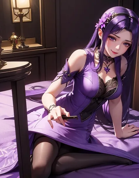 20k, a woman beautiful dress, ((purple lavender dress and black stocking)), purple lavender flowers in head up, smile, realistic high detailed, ultra realistic, indoor room bed sleep, with wine glass