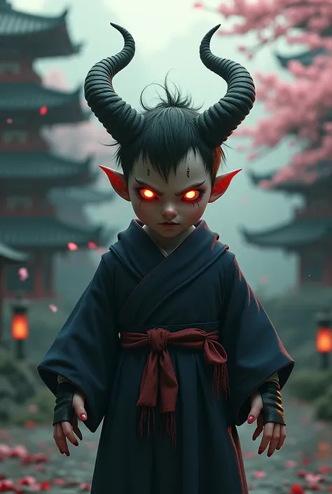 A menacing Japanese half-demon child in the style of 3D games 