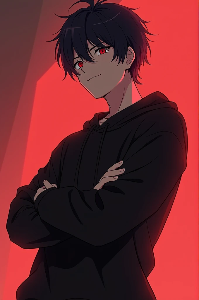 Male anime style character standing sideways with arms crossed wearing black sweatshirt with red aura 