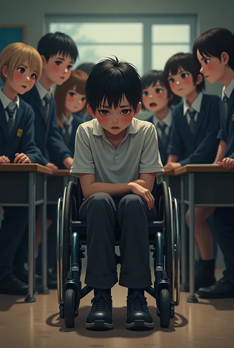 Image of a disabled student suffering prejudice from boys and girls at a school, the student is triate and other students look and wave at her with prejudice