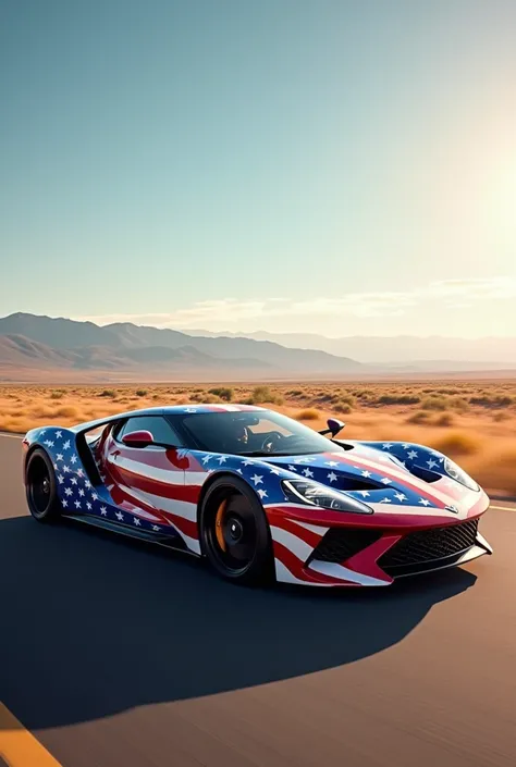 A luxury car with the American flag 
