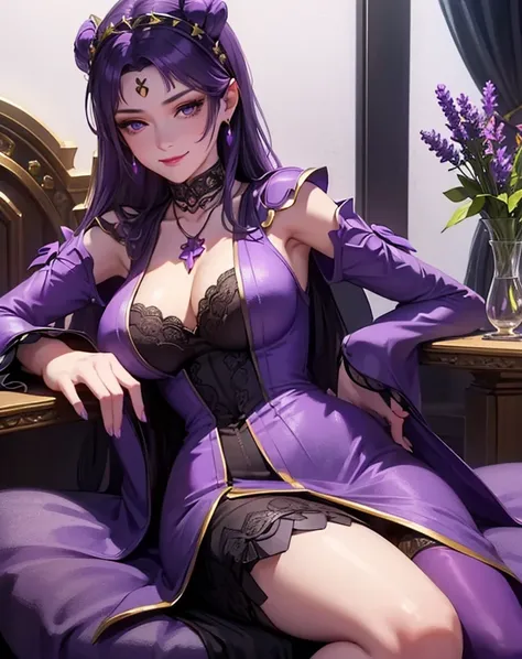 20k, a woman beautiful dress, ((purple lavender dress and black stocking)), purple lavender flowers in head up, smile, realistic high detailed, ultra realistic, indoor room bed sleep, with wine glass