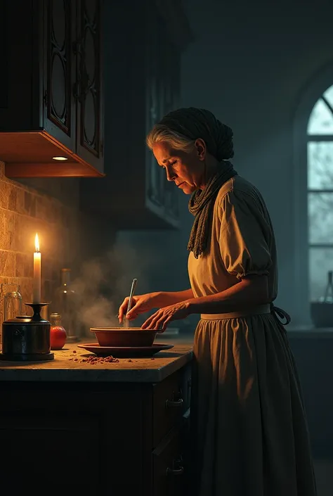 Mrs. Helena, a frail looking lady, is in the kitchen of the mansion. She wears a simple dress and a scarf tied around her head.. Their eyes, that carry a distant look, are focused on the food they prepare. Ao fundo, the kitchen is lit only by a flickering ...