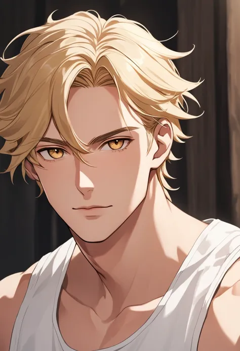 Close up photo of The character is an 1 man, The character is White race, has blonde hair, Hazel eyes. He is Very Handsome. Animated art inspiration. He is Charismatic and Friendly. He is wearing a white tank top with a white shirt and baggy white trousers...