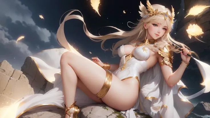 A woman in a white dress is sitting on a rock, Anime Goddess, Very detailed artgerm, artstation pixiv artgerm, Venus Goddess Athena, Blonde Goddess, Greek Goddess, Highly detailed goddess shot, Beautiful Goddess, Artgerm style, Gorgeous Goddess, Zodiac Kni...