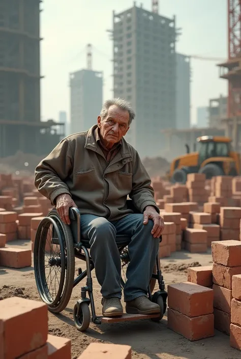 Megalophobia bricklayer alone on a construction site working, the bricklayer is an elderly and very active wheelchair user