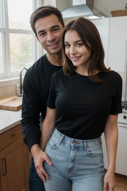 ​masterpiece, highest quality, High resolution, 1, Brown hair, Selfie, smiling, B-cup, in the kitchen, sunny, black shirt, Jeans, The man stands next to her.