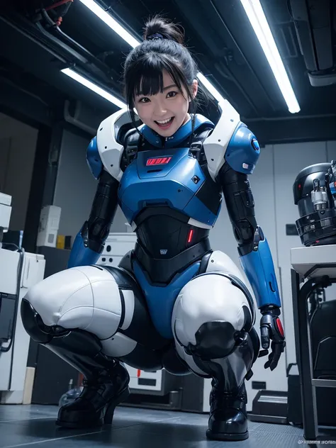 Japanese female android,Black Hair,A dark room surrounded by machines,Secured to a large seat with a thick harness,Plump,A little thick,Spread your limbs,Squat,White and blue robot suit,Robotic arms and legs,Wearing long boots,Laugh with your mouth wide op...