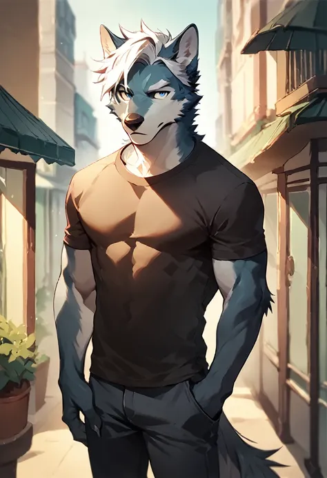 score_9, score_8_up, score_7_up, score_6_up, score_5_up, score_4_up, (solo), male anthro wolf, dark grey blue body, long white hair, casual, pants, tight shirt, standing still, facing to the side, looking at viewer