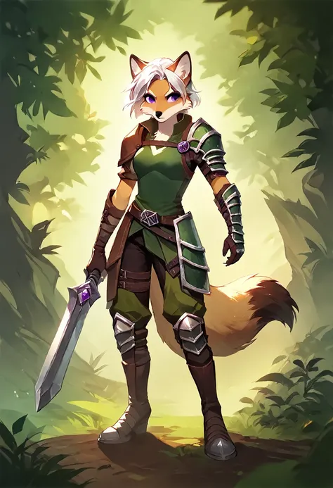 score_9, score_8_up, score_7_up, score_6_up, score_5_up, score_4_up, (solo), female anthro fox, beige body, short white hair, purple eyes, armor, rogue, 