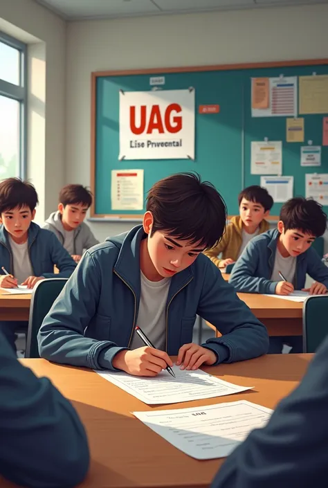 Give me a student answering an exam in a classroom and a UAG sign on the wall with several students
