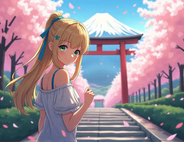 (((head of&#39;artwork: 1,5, best quality, high resolution, super resolution, ultra detailed: 1,2, rich background: 1,4))), (toe), (1fille), bare, yeux verts, blonde long hair tied with blue ribbon, hair ornament, blunt bangs, souriant, high school girl, m...