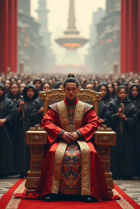 Creates an image of a young emperor sitting on a throne with his seven-generation beautiful robes on his side with 500 soldiers in black cloaks behind him with a thousand more spaceships behind them. 