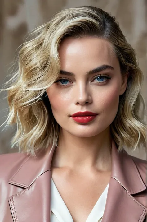 Create a detailed portrait of a uniquely beautiful woman with striking features. She has medium-length, wavy blonde hair that is slightly tousled and parted to one side, blending natural elegance with a modern edge. Her eyes are a vivid and captivating blu...