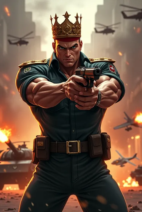 Ralf Jones from King of Fighters shooting guns and a crown on his head, a war tank and helicopters and planes in the background