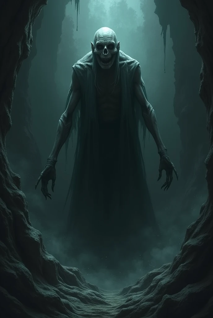 A sinister figure emerges from the crevice. It&#39;s a man with pale skin hanging from his bones, sunken and empty eyes, and a disturbing smile. He leans forward slightly, as if he were addressing the observers directly, and his lips move in a macabre murm...