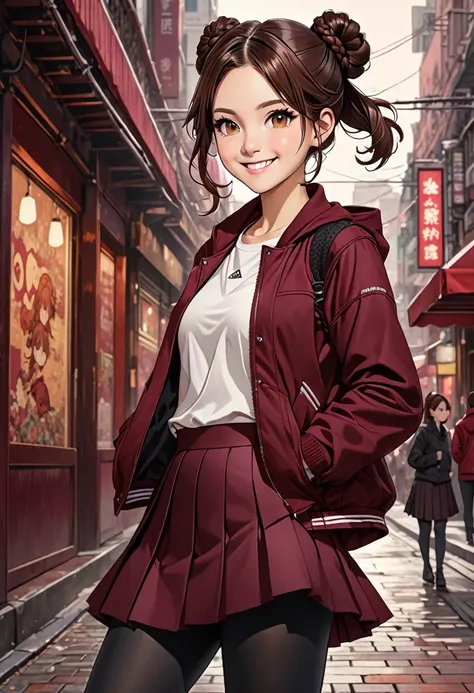 illustration, detailed illustration, ultra detailed, long dark brown hair, braid, amber eyes, pretty, maroon pleated skirt, maroon jacket, black leggings, urban background, double buns, triangle hair buns, sly smile 