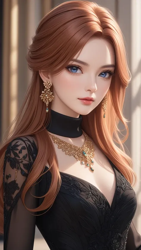 (masterpiece), (best quality medium shot), ultra realism, photorealistic, 1female, 30 year old mature woman, half-up half-down long straight copper-color hair, wearing black Haute_Couture designer dress with sleeve and turtleneck_style, necklace, earrings,...