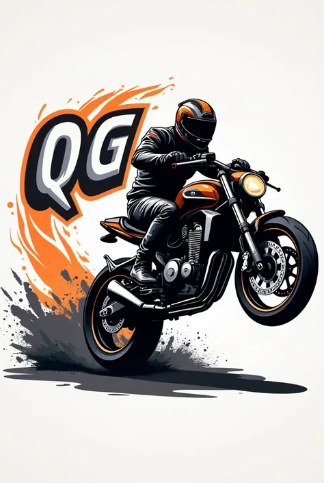 A logo for a motorcycle workshop with the name QG motos and a motorcycle doing a wheelie on a high-powered motorcycle 
