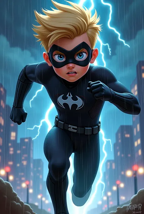 masterpiece, best quality, close-up, dash parr, young boy, golden-blonde hair, blue eyes, dark black body suit, running fast, domino mask, (very angry), (night-time city), ((surrounded by lightning energy)) raining, 