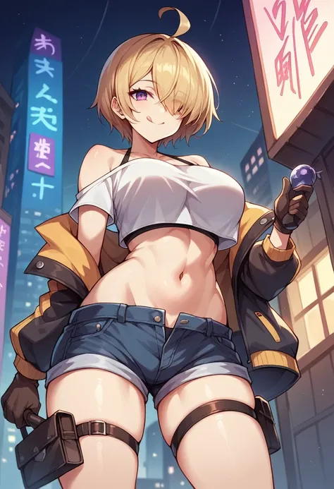 1girl, solo, looking at viewer, smile, short hair, large breasts, blonde hair, brown hair, gloves, holding, navel, bare shoulders, standing, jacket, purple eyes, ahoge, thighs, outdoors, midriff, tongue out, off shoulder, hair over one eye, crop top, short...