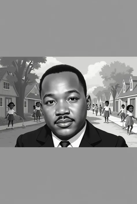 {
"A heartwarming scene depicting the childhood of Martin Luther King Jr. in the 1930s. Show a young Martin playing outside in a modest, yet lively neighborhood in Atlanta, Georgia. He is surrounded by other children, playing with simple toys like marbles ...