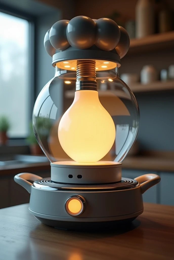 A semi-translucent chef&#39;s hat shaped pot, with a solid in the shape of a light bulb inside that is perceived from the outside as a shadow because the pot inside has lights that project this shadow. besides,  Includes speakers that provide verbal instru...