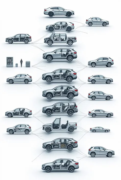 Mind map of automotive systems entry, output and processor, Only images, no text that looks like it was made in Word or Canva. Be specific with the parts of the cars., that they are images inserted one on top of the other and exact parts 