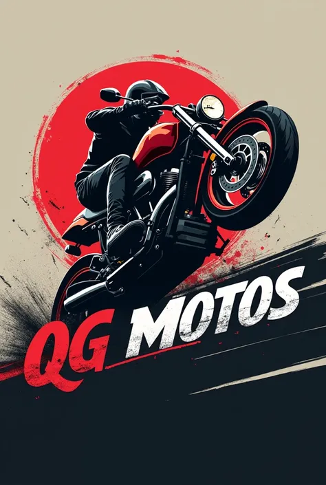 A logo for a motorcycle workshop with the name QG motos and a motorcycle doing a wheelie on a high-powered motorcycle, rot, black andwhite 
