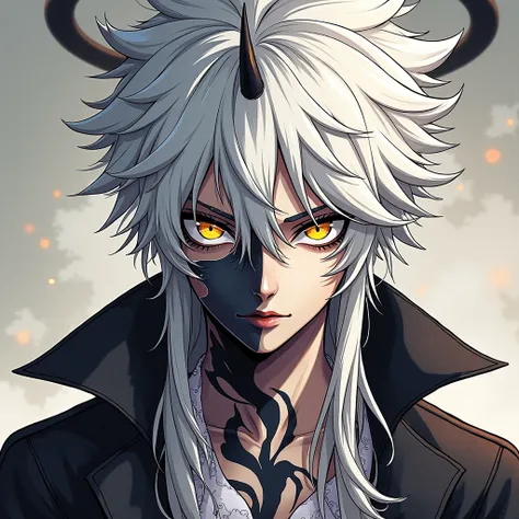 make an anime character with white hair that is kind of spiky with a golden iris and another white one and the white part of the eye is black he has a horn on the left side of his head and a black angel halo and a mark goes up his neck.