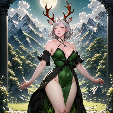 ((8k, best qualityer, high resolution:1.35, work of art: 1.25)), sweat:0.2, dramatic lighting, photon mapping, radiosity, symetry, Complexity, elegance, anatomically correcte, Medium chest, short white hair, green eyes: 1.2, deer antlers, ombre, Make-up na...