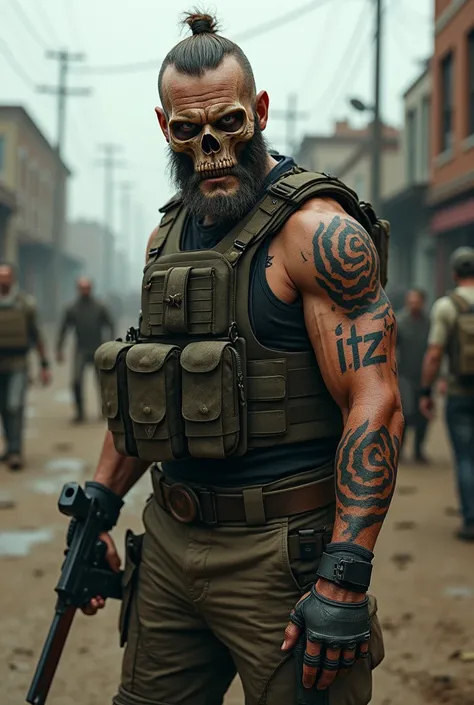 A zombie apocalypse survivor wearing a skull mask, vest and gun in hand, with a tattoo saying ITZ on his forearm in 8k.
