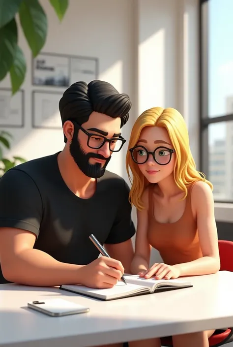 Make a 2 man a little chubby, beard and goatee black hair up, black t-shirt and black denim shorts, of square glasses, make him very chic businessman, sitting at a white table and a red and black chair working on a notebook with a white iPhone 13 next to h...