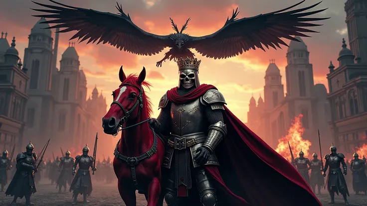 A captivating cinematic pic set in a dark fantasy world. A red horse with a skull face stands next to a brave knight, dressed in red and black armor, wearing a death mask, a black cape and a kings crown. Above the knight, an ethereal creature with black wi...