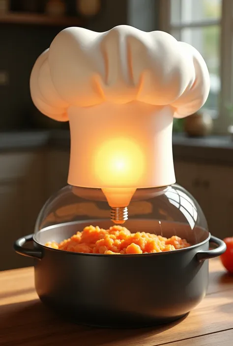 A pot shaped like a chef&#39;s hat made of 50% material% translucent, with a solid in the shape of a light bulb inside that is perceived from the outside as a shadow (ratatouille style) because the pot inside has lights that project this shadow. besides,  ...