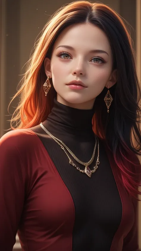 (masterpiece), (best quality medium shot), ultra realism, photorealistic, 1female, 30 year old mature woman, half-up half-down long straight copper-color hair, wearing black Haute_Couture designer dress with sleeve and turtleneck_style, necklace, earrings,...