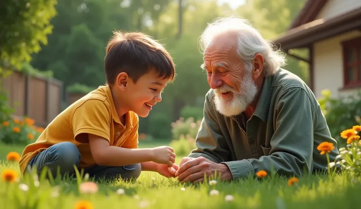 a boy sits in the garden, playing withe an oald men, near his house, smilinng, very detailed faces, photorealistic, saturated, 8k.