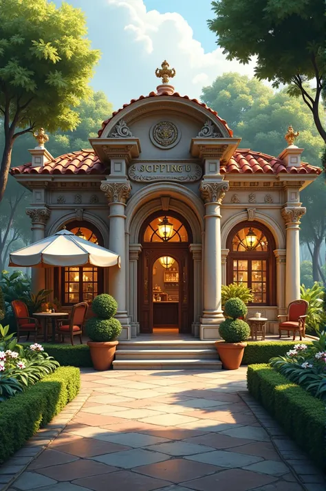 A small coffeshop at a park using the roman architeture