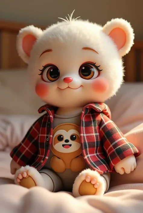 A kawaii doll with a flannel that contains a sloth emoji