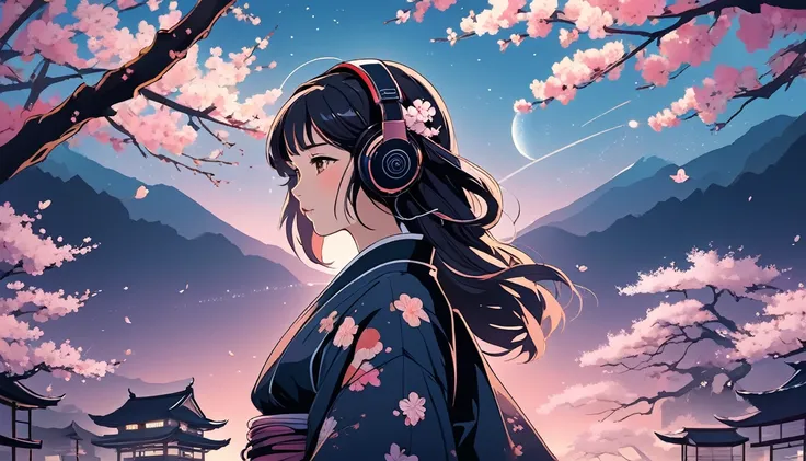 Japanese style headphones、Female samurai、The background is cherry blossoms at night、Wide-angle lens, Lofi Anime, Lofi illustration, Aesthetic atmosphere, Lo-Fi Style, Vector art, Flat Design, Simple shape, Warm tones, Pleasant atmosphere, Chill, In anime s...